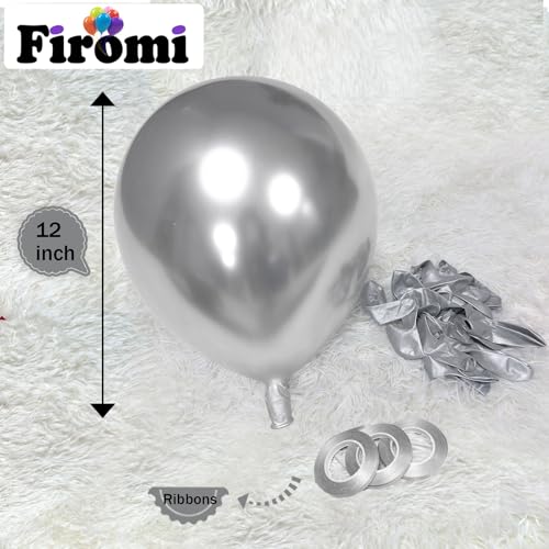 Image of Firomi Metallic Chrome Silver Balloons 12-inch 100 Pack (with 3 Ribbons) | Thicken Helium Shiny Silver Latex Balloon for Wedding Birthday Party New Year
