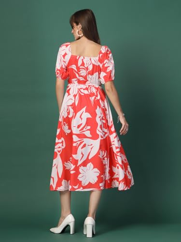 Image of OOMPH! Below Knee Shift Pink Dress in Crepe Fabric with Round Neck and Puff Sleeves - md619l