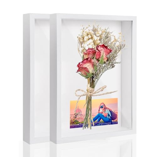 Wintfarm Marco de fotos 3D para rellenar, 21 x 29,7 x 3 cm (A4), marco de fotos 3D profundo para rellenar, color blanco para objetos, flores, ramo de boda o recuerdos (2 unidades)