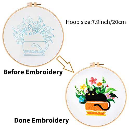 Image of Louise Maelys Black Cat Embroidery Kit for Beginners Botanical Craft | Cross Stitch Kits Include Pre-Printed Fabric, Embroidery Hoop, Threads, Needles and Guide. Needlepoint Kit for Adults