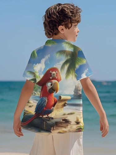 Image of THE PIRATE KING Funny Pirate Hawaiian Shirt Boys Girls Beach Tropical Casual Short Sleeve Button Down Shirt for 5-14 Years
