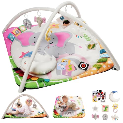 Image of TINYHARBO Baby Play Gym with 4 Developmental Zones – Tummy Time Mat & Activity Mat with 6 Sensory Toys, Visual Cards & Pillow – Baby Essentials & Ideal Gift for Newborns