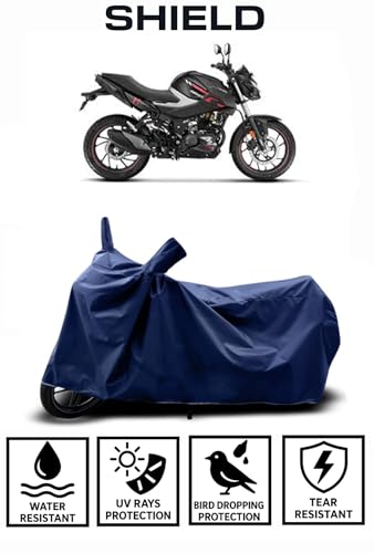Image of Shield Heavy Duty Bike Cover for Hero Xtreme 160r | All-Season, Tear-Proof Fabric | with Side Mirror Pocket & Buckle Belt | Hero Xtreme 160r Bike Cover (Blue)