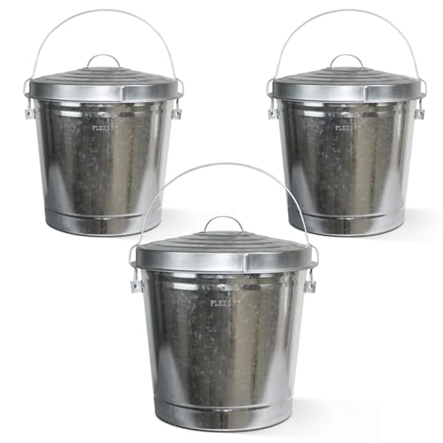 Image of Plexon 10 Gallon Trash Can with Locking Lid Galvanized Metal Bucket for Poultry Feed Bird Seed Storage Ash Outside Garbage Can with Lid, 3 Pack