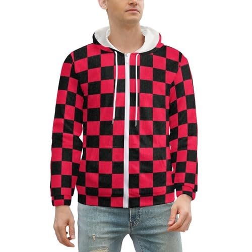 Red Black Checkered Men's Zip Up Hoodie Casual Drawstring Hooded Sweatshirt with Kanga Pocket2