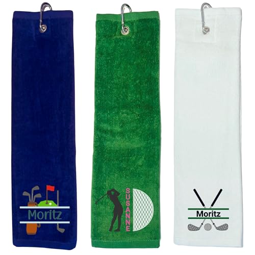 Personalisiertes Golfhandtuch mit Split-Motiv und Name bestickt – Wunschtext & Einrahmung – 100% Baumwolle – mit Karabiner – Geschenk für Golfer...