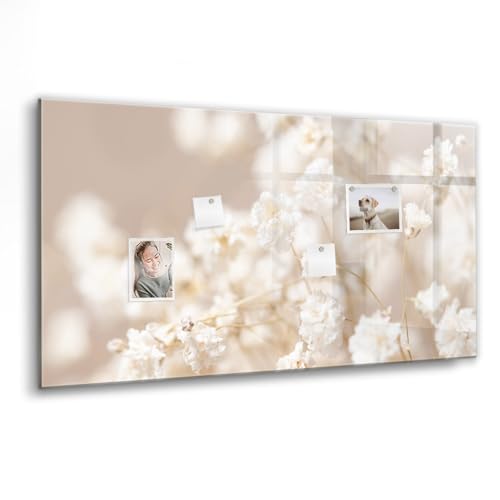 Pizarra magnética de vidrio decorativa con accesorios incluidos | Imanes neodimio, rotulador y borrador | Perfecta para cualquier pared del hogar - 120x60 - Pequeñas flores blancas