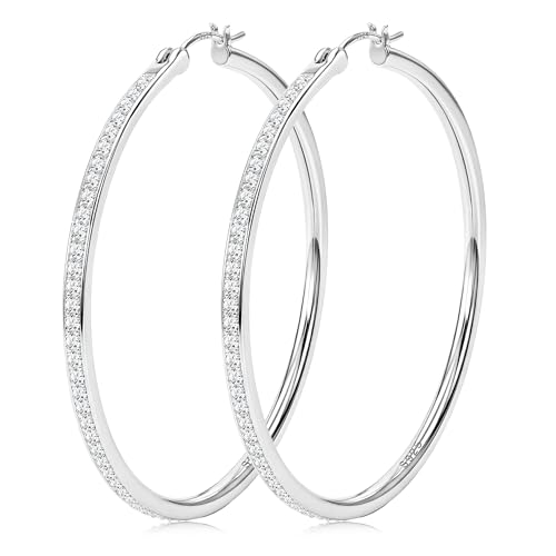 FANCH Grandi Orecchini Cerchio Argento 925 per Donne Ragazze Zirconia Cubica Scintillante Orecchini in Strass Leggero Ipoallergenico Placcato Oro Bianco 18K Orecchini Cerchio 60MM Argento