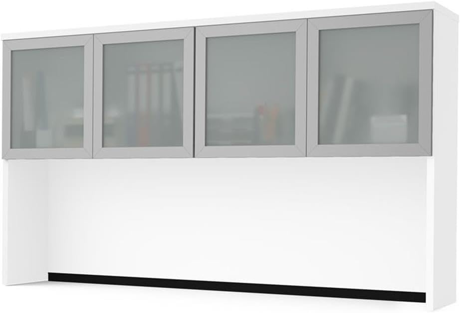 Scranton & Co Contemporary 72" Office Hutch, Frosted Glass Doors, White Finish, High-Density Particle Board, Durable Laminate, 3 Storage Compartments, Fits Desks or Credenzas, Modern Workspace
