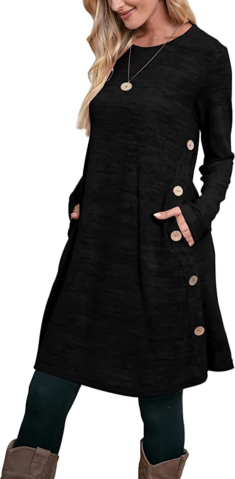 Aokosor Strickkleid Damen Langarm Kleider Pulloverkleid für Damen Tunika Kleid Jumper Kleid mit Knöpfen und Taschen Schwarz L