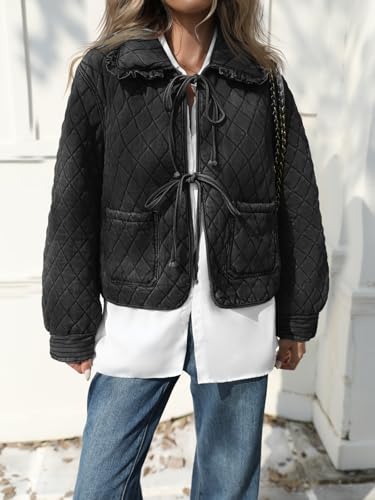 Image of Tankaneo Womens Quilted Denim Puffer Jackets Tie Front Bow Cropped Puffy Jackets Fall Cute Short Jeans Coat