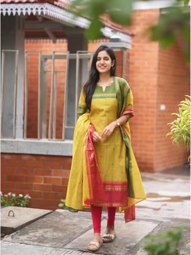 Image of TWINLIGHT Women's Kanchi Cotton Jaquard Work Kurta and Dupatta Set with V Neck 3 /4 Sleeves Straight Calf Length Kurti and Jaquard Work Border Dupatta