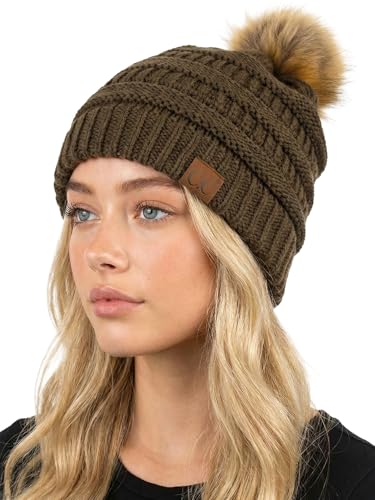 Funky Junque Cozy Ribbed Beanie with Luxurious Faux Fur Pom