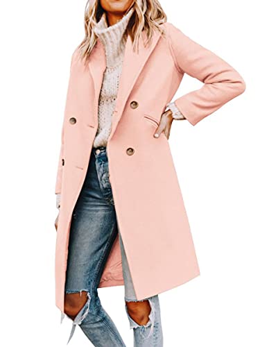 Yousify Women's Wool & Pea Coats Double Breasted Pink Coat Women Notched Lapel Collar Long Winter Trench Coats