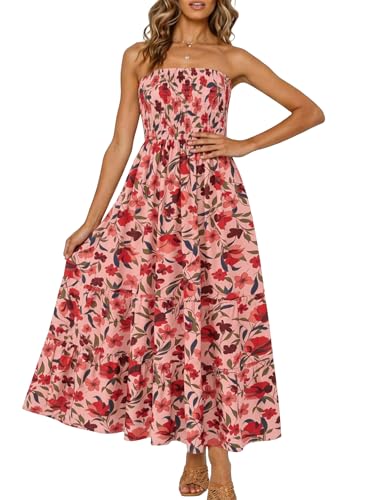 Image of ZESICA Women's Summer Boho Strapless Maxi Dress 2026 Casual Off Shoulder Smocked Flowy A Line Beach Holiday Long Dresses
