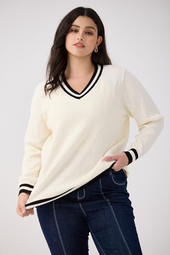 Image of CARCOS Plus Size Sweaters for Curvy Women Long Sleeve Cable V Neck Sweater Knit Pullover Preppy Style Fall Winter XL-5XL