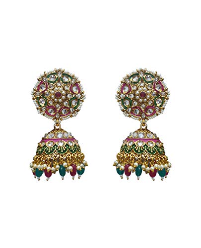 Babosa Sakhi Meenakari Polki Earring Indian Bollywood Rajwada Polki Traditional Jhumki Jhumka Dangler BBE-122 (Red-Green)