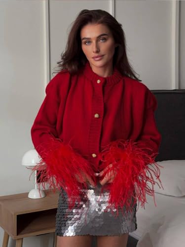 Image of Red Elegant Feather Cuff Cardigan for Women: Stylish Buttoned Sweater with Soft Feather, Stylish Lightweight Knitwear