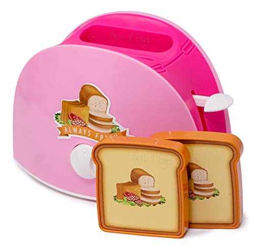 Zest 4 Toyz Kitchen Bread Toaster Play Set for Kids Girls with 2 Slices of Bread, Pretend Play Plastic Kitchen Toaster appliances for Kids and Toddler- Pink