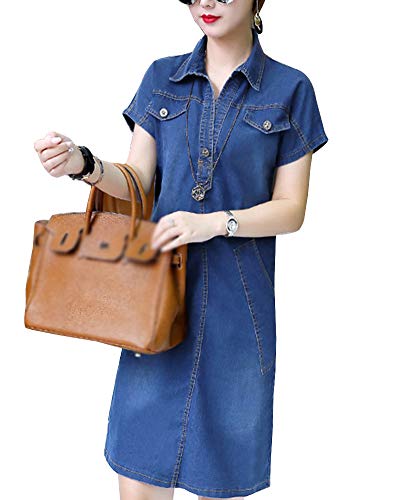 KasenA Damen Jeanskleid Hemdblusenkleid Tunika Retro Denim Kleid Kurzarm Sommerkleider mit Knopf 2XL Cover