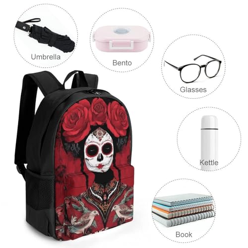 Lightweight Rucksacks for Climbing Outdoors Walking Cycling - Large Capacity Anti-Theft Multipurpose Carry On Bag, Mexican Red Rose Sugar Skull Floral Women Day Of The Dead Camping Outdoor Backpack4