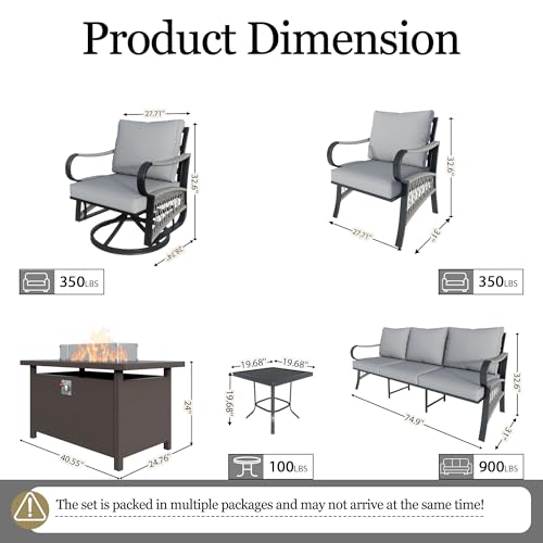 Image of 8-Piece Outdoor Furniture Set, Metal Swivel Rocking Chairs with All-Weather Cushions, Patio Conversation Set with Fire Pit Table for Deck, Porch, Garden, Backyard, Poolside (Gray Cushions)