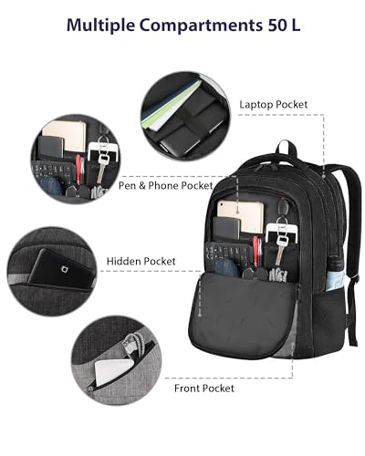 Image of MATEIN Extra Large 50 L Travel Laptop Backpack, Water Resistant Work Computer Backpack with Anti Theft Pocket, TSA Friendly Business Daypack with Multiple Organizer Pockets for Men, Black Grey