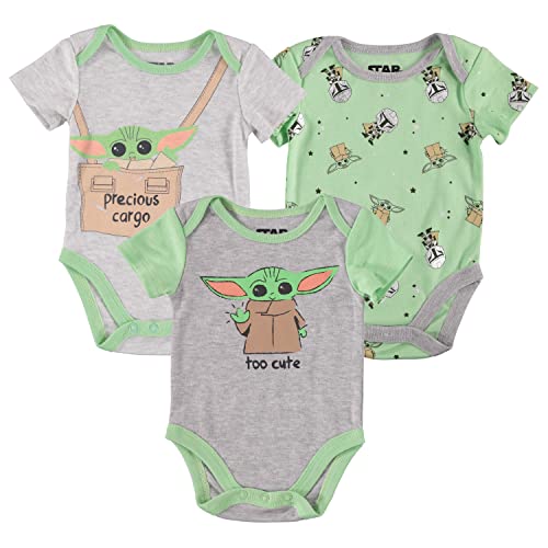 Image of STAR WARS Baby Boys Bodysuit Three Pack - Baby Yoda Baby Clothes (Grey/Green/Brown, 3-6 Months)