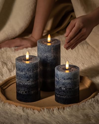 Velas sin llama Stmarry de cera real con degradado azul marino y luces LED parpadeantes 3D 4