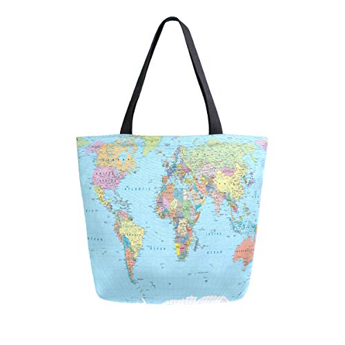 Naanle Bolsa de mão de lona com mapa do mundo grande feminina, casual, bolsa de mão, mapa-múndi, reutilizável, multifuncional, resistente, para compras ao ar livre.