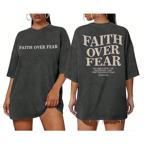 BEBNKGK Faith Over Fear Shirt for Women Graphic Shirts Oversized Graphic Christian Tshirts Tees Tops(Gray,XXL)