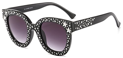 MAOLEN Round Oversized Gradient Shades Crystal Sunglasses for Women (round black-grey)