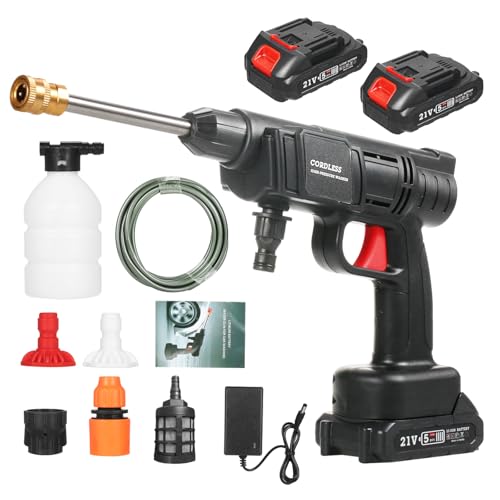 Lavadora de alta presión portátil 350 PSI Limpiador portátil inalámbrico con tubo de 5 m, lavadora de alta presión portátil con 2 baterías, larga vida útil, para riego, limpieza, coches,