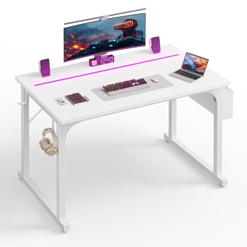Image of DurayLoly 40 inch Computer Desk with Waterproof LED Lights,Bedroom Study Desk for Teens,Dorm Room Essentials,Headphone Hook&Storage Bag for Small Spaces,Sturdy Metal Frame,White