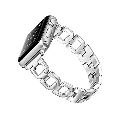 Secbolt Bling Bands Compatible with Apple Watch Band 38mm 40mm 41mm iWatch SE Series 8 7 6 5 4 3 2 1 Women Dressy Jewelry D-link Stainless Steel Wristband Strap, Slim Silver
