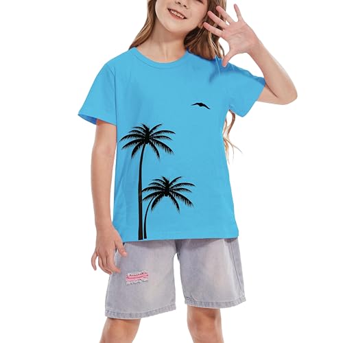 Image of Girls Hawaiian Print Beach T-Shirt Crew Neck Tops Summer Casual Short Sleeve Vacation Tees for Kids Teen 1-14 Years