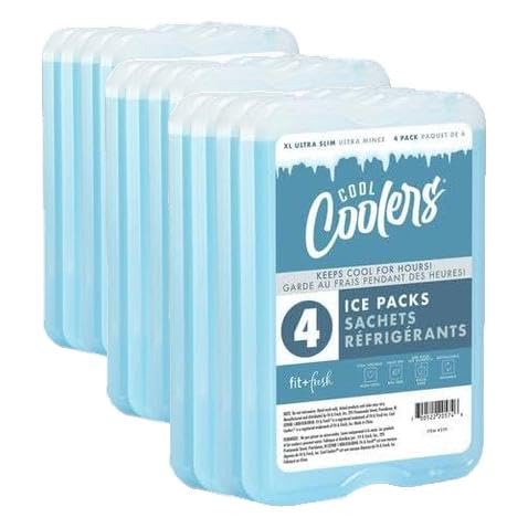 Cool Coolers by Fit &amp; Fresh 4 Pack XL Slim Ice Packs, Quick Freeze Space Saving Reusable Ice Packs for Lunch Boxes or Coolers