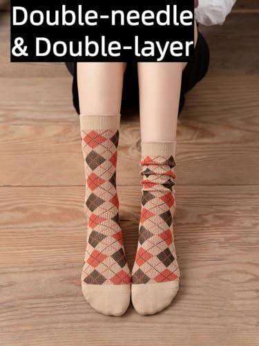 Argyle Socks Retro High Ankle Women Cotton 5 Pairs Double-Needle Double-Layer British Style3