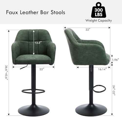 Butacos giratorios ajustables, juego de 2 unidades, taburetes de cuero sintético para barra alta con reposabrazos, sillas modernas tapizadas para isla de cocina / bar en casa / comedor, color verde miniatura 2
