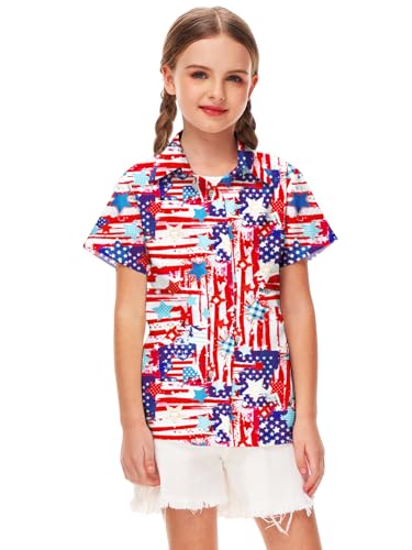 Image of Remimi Unisex Kids 4th of July Button Up Shirt Boys American Flag Print Hawaiian Beach Short Sleeve Tops 5-14 Years