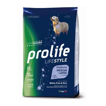 Prolife Cane Mature Lifestyle medium/large, Pesce Bianco e Riso, alimento secco completo per cani anziani in sovrappeso di taglia media e grande, confezione da 12 Kg.