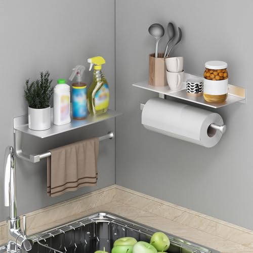 Danpoo Wall Mount Paper Towel Holder with Shelf for Bathroom/Kitchen, Adhesive Hand Towel Holder, Matte Silver - Image 4