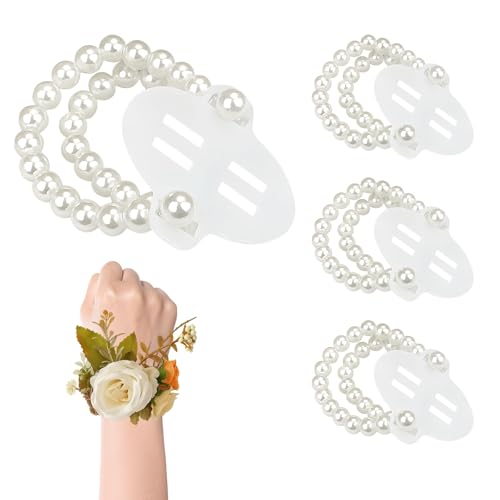 Amzlysdok 4PCS Corsage Wristlet Elastic Double-Strand Pearl Corsage Wristlet Band for Women Wrist Corsage Bracelets for Wedding Party Decorations Graduation Party DIY Handmade Flower Supplies