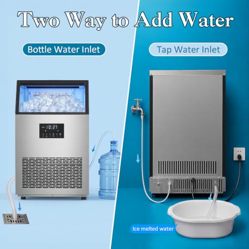 Image of Ice Maker Machine Commercial 150Lbs /24H - Freestanding Ice Maker Under Counter Ice Machine Stainless Steel, 55 Ice Cubes /Cycle, 2 Ways Water Inlet, Large Storage Bin for Bar Home Office Restaurant