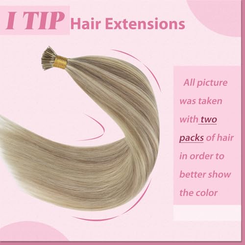 Image of YoungSee I Tip Extensions Highlight Blonde, Itip Human Hair Extensions, Light Blonde Highlight Golden Blonde, Human Hair Extension I Tip, 16 Inch 65 Strands 50g, Easy to Wear for Girls