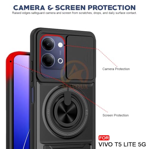 Image of Vivo T5 Lite 44W 5G Back Cover | Armor Camera Slider 360 Degree Rotating Finger Ring Holder Case with Bracket Stand Back Case Cover (Compatible with MagSafe Accessories) (Black)