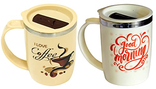 Image of Kuber Industries Insulated BPA Free Plastic Coffee Mug with Lid Pack of 2 (Cream & Coffee)