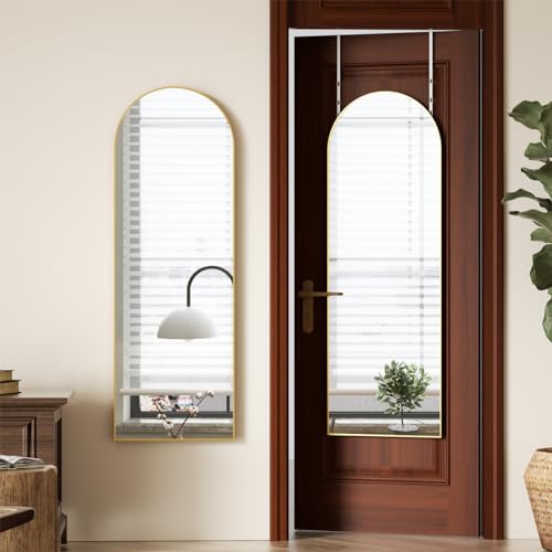 Image of BEAUTYPEAK Arched Full Length Over The Door Mirror 14 inch x 48 inch, Shatterproof Tempered Glass and Aluminum Alloy Frame, No-Drilling Hanging or Wall Mount, Full Body Mirror for Bedroom, Dorm, Gold