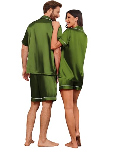 Image of Ekouaer Couple Matching Pajamas Sets Silk Short Sleeve Button Down Sleepwear Satin Pjs Shorts Set Soft Loungewear S-XXL