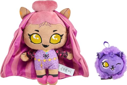 Monster High Plush Doll Set, Ghoul N Go Clawdeen Wolf 6.5-inch Plushie with Pet Dog Crescent and Kid-Sized Backpack